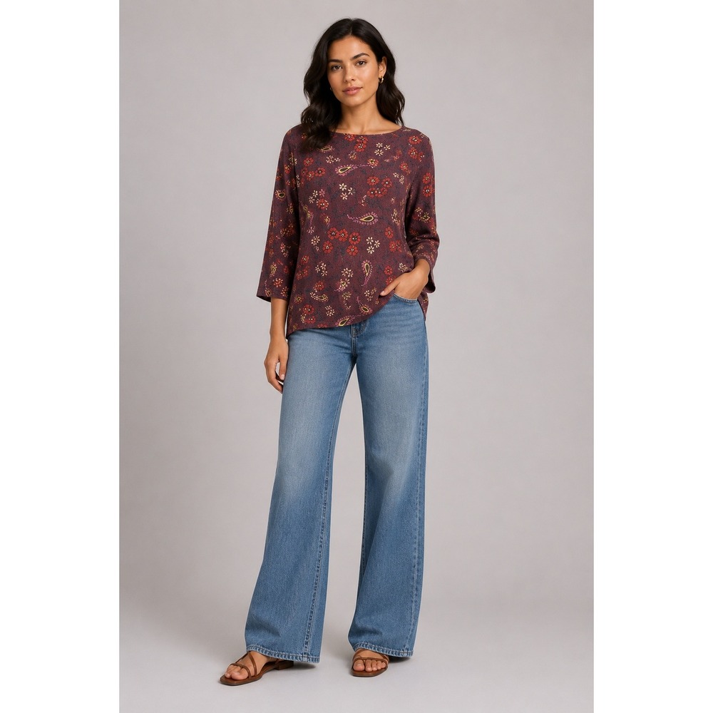 Loft Outlet Medium Burgundy Floral Paisley 3/4 Sleeve Slub Knit Boat Neck Top